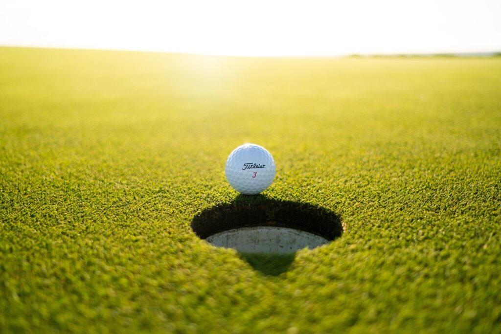 golf ball near hole grass