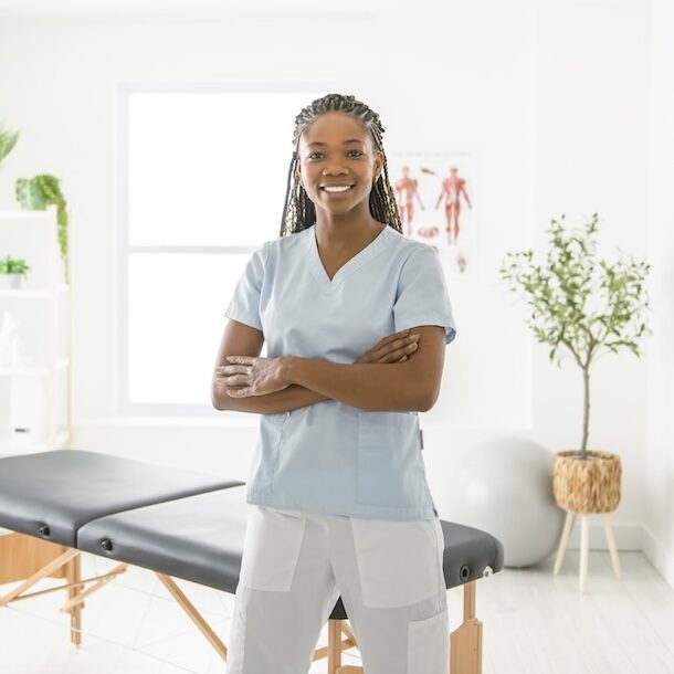 A portrait of a black physiotherapy person in uniform